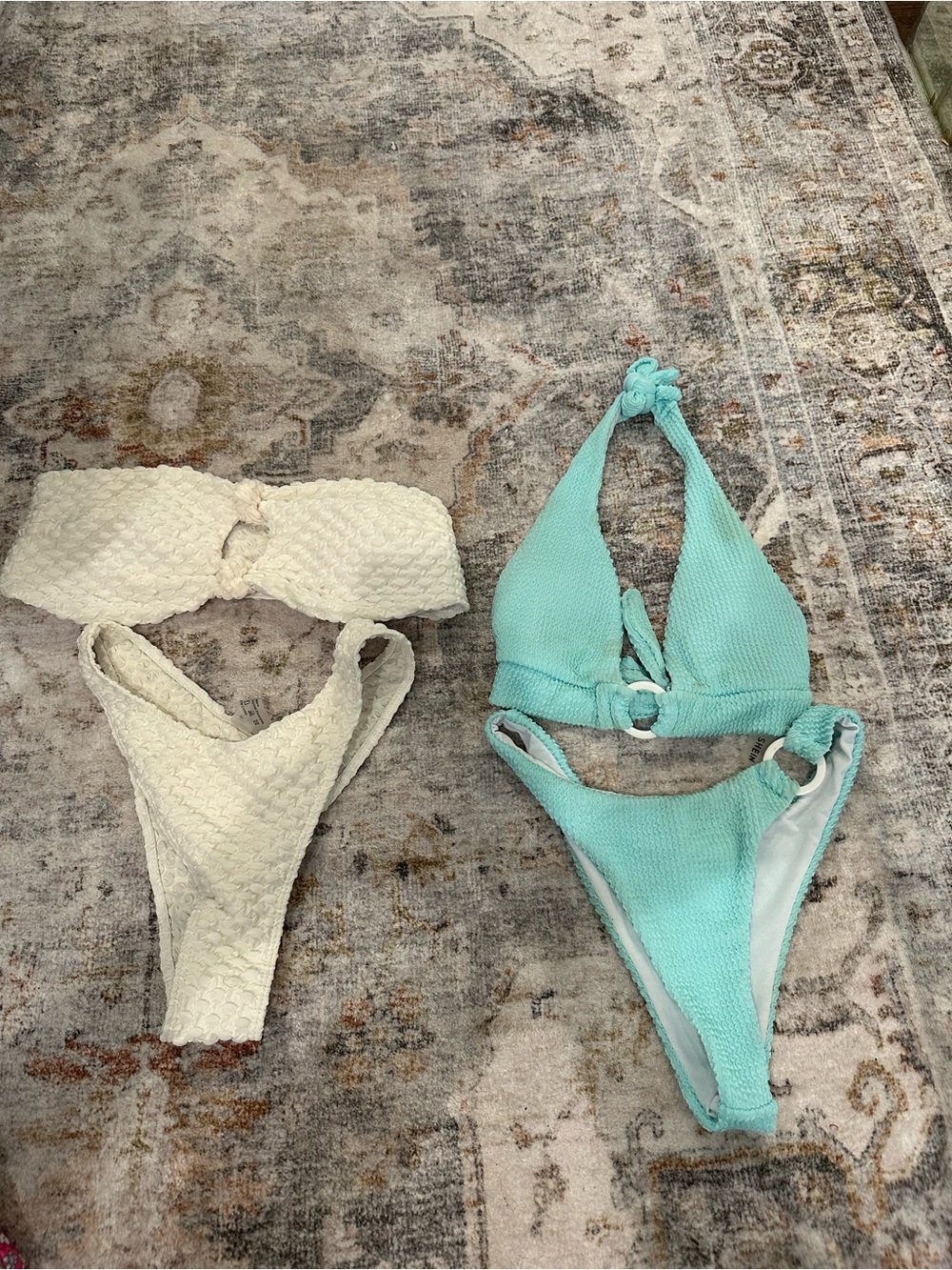 Shein Textured White Bandeau Bikini Top & Mint Green Halter Bikini Set